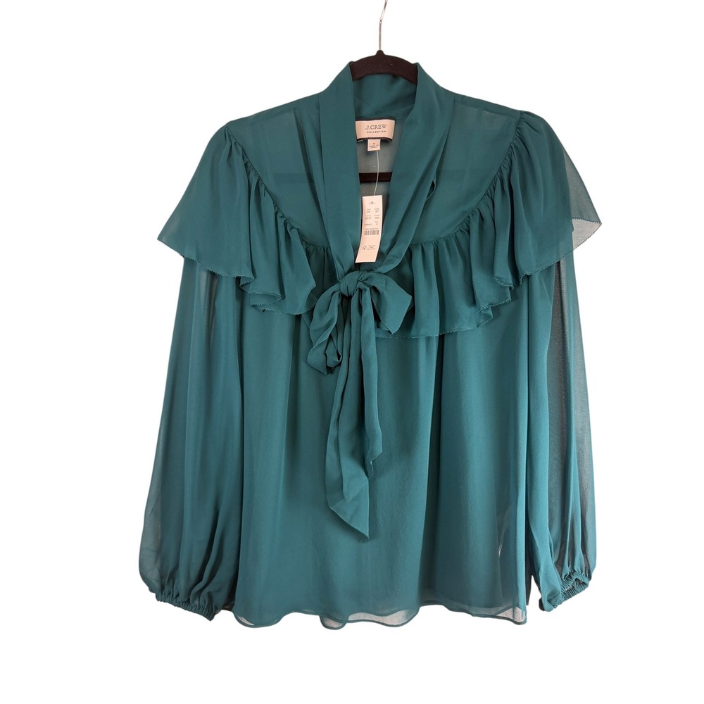 J.Crew Collection Silk Georgette Tie Neck Ruffle Blouse Dark Green Small NWT